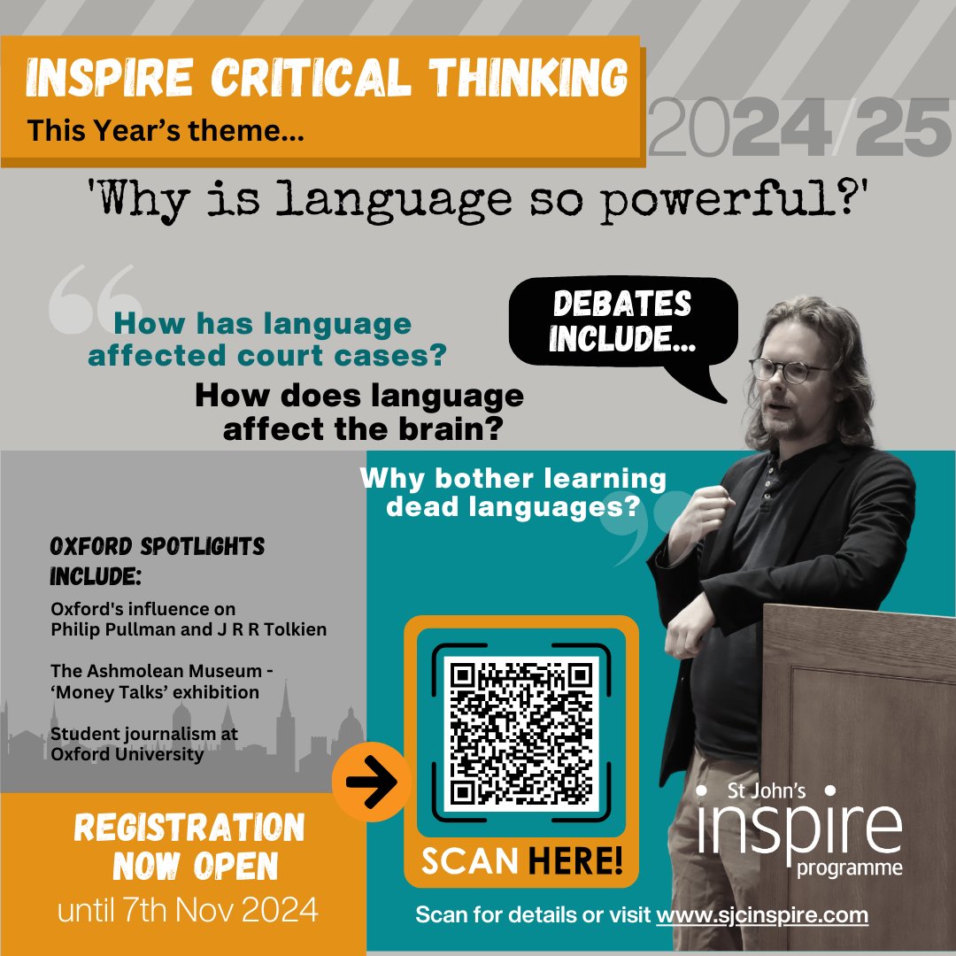 Registration is NOW OPEN! 🔓

Would you like to join the Inspire Critical Thinking Programme?
This year's theme is 'Why is language so powerful?'

If you are in YR 9-12 at a non-selective school in the UK, then register now!
🔗Sign up via the link in our bio