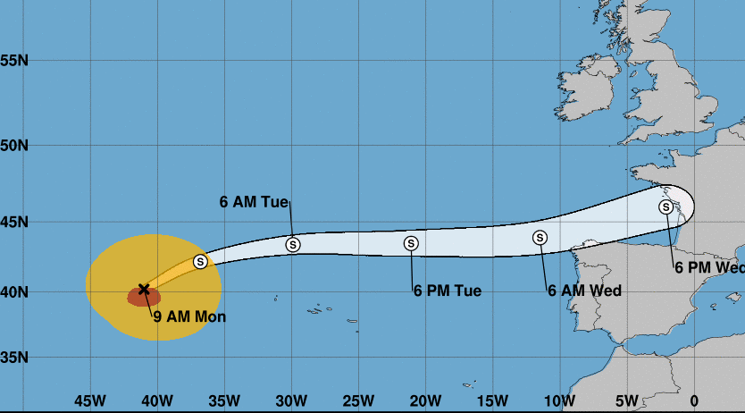 CroftWeatherman's tweet image. Looks like ex-Hurricane Kirk will now miss the UK and go across France