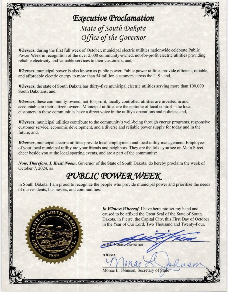 SDMuniElectric's tweet photo. Happy #PublicPowerWeek ! Thank you Governor Noem for recognizing the importance of community- owned, locally controlled electric utilities, and officially proclaiming the first full week of October as Public Power Week! https://t.co/8bL3Eq9PYr