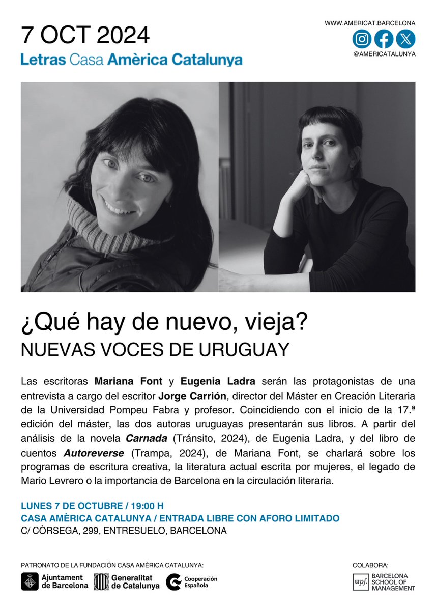 Hoy estaremos en <a href="/americatalunya/">Casa Amèrica Catalunya</a> junto a las nuevas voces de Uruguay.
¡Los esperamos!
<a href="/jorgecarrion21/">Jorge Carrión</a> <a href="/RadioSabadell/">RàdioSabadell</a> <a href="/transito_libros/">Tránsito Editorial</a> <a href="/Trampaedicione2/">Trampa ediciones</a> <a href="/Trampaediciones/">Trampa ediciones</a>