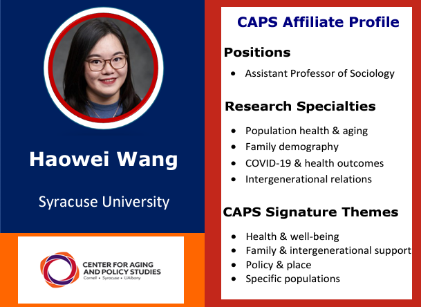 Center for Aging and Policy Studies (@caps_research) on Twitter photo 📢Haowei Wang, a sociology professor <a href="/MaxwellSU/">Maxwell School</a>, is this week's affiliate❗️ Haowei's research & teaching interests are in population aging, family demography, COVID-19 & health outcomes, and intergenerational relations. Learn more about Haowei:
tinyurl.com/y6bwve3y 📢Haowei Wang, a sociology professor <a href="/MaxwellSU/">Maxwell School</a>, is this week's affiliate❗️ Haowei's research & teaching interests are in population aging, family demography, COVID-19 & health outcomes, and intergenerational relations. Learn more about Haowei:
tinyurl.com/y6bwve3y