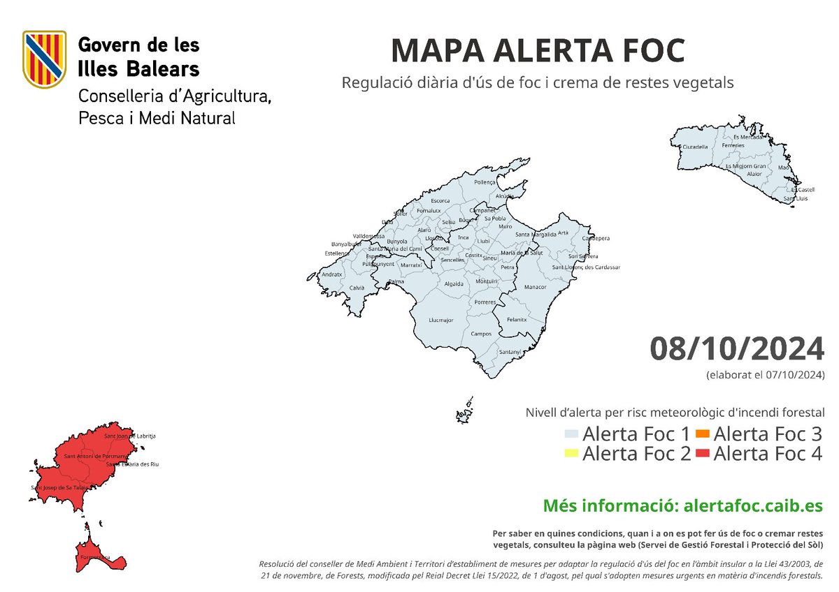 AgriculturaGOIB's tweet photo. Demà dimarts, 8 d'octubre, el nivell màxim de perill per incendi forestal és d’#AlertaFoc 4.
Consulteu la regulació d’ús de foc i cremes, així com la seva possible suspensió, a https://t.co/YRU4FHGQWR.
🚫 🔥Està prohibit fer foc en zona forestal https://t.co/XBg6iSH4q7
