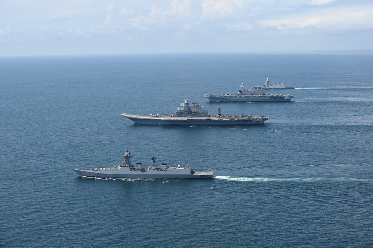 indiannavy's tweet photo. Historic bilateral #maritime engagement b/n #IndianNavy & @ItalianNavy, from 01 - 06 Oct. Featured maiden exercise by Carrier Strike Groups (CSG) from both navies.
Sea phase, on 05-06 Oct, was led by the two carriers @IN_Vikramaditya & #ITSCavour along with #INSVisakhapatnam & #ITSAlpino.

Intense operations with integral fighter aircraft & helos, for combined Large Force Engagements, Air Combat Missions, Helo Ops & #SearchAndRescue missions as also co-ordinated weapon firings & joint manoeuvres, to underscore joint operations, Command & Control capabilities and enhance interoperability.

A key facet of the landmark exercise was the participation of #IAF, that undertook manoeuvres with Italian CSG aircraft including Large Force Engagements & Combat Missions.

@ItalyinIndia @IN_WNC 
@IAF_MCC