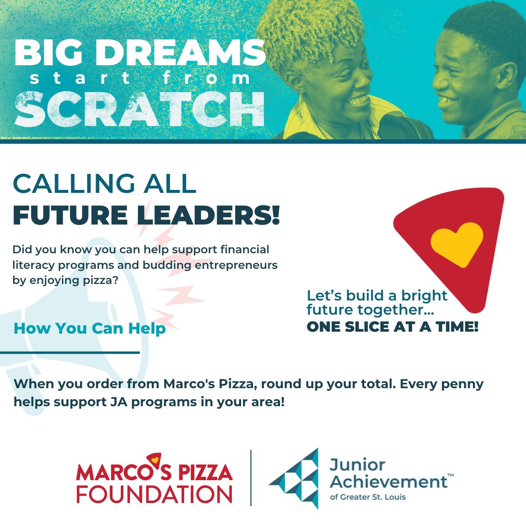 JA_STL's tweet photo. Pizza for dinner anyone?! 
Marco's Pizza is partnering with JA for round up at the register (or donate $1, $3, or $5). Delicious and easy way to support local youth!

#GenJA #ItTakesYou #financialliteracy #pizzalover #BigDreamsStrartFromScratch https://t.co/DLNBYt7zd5