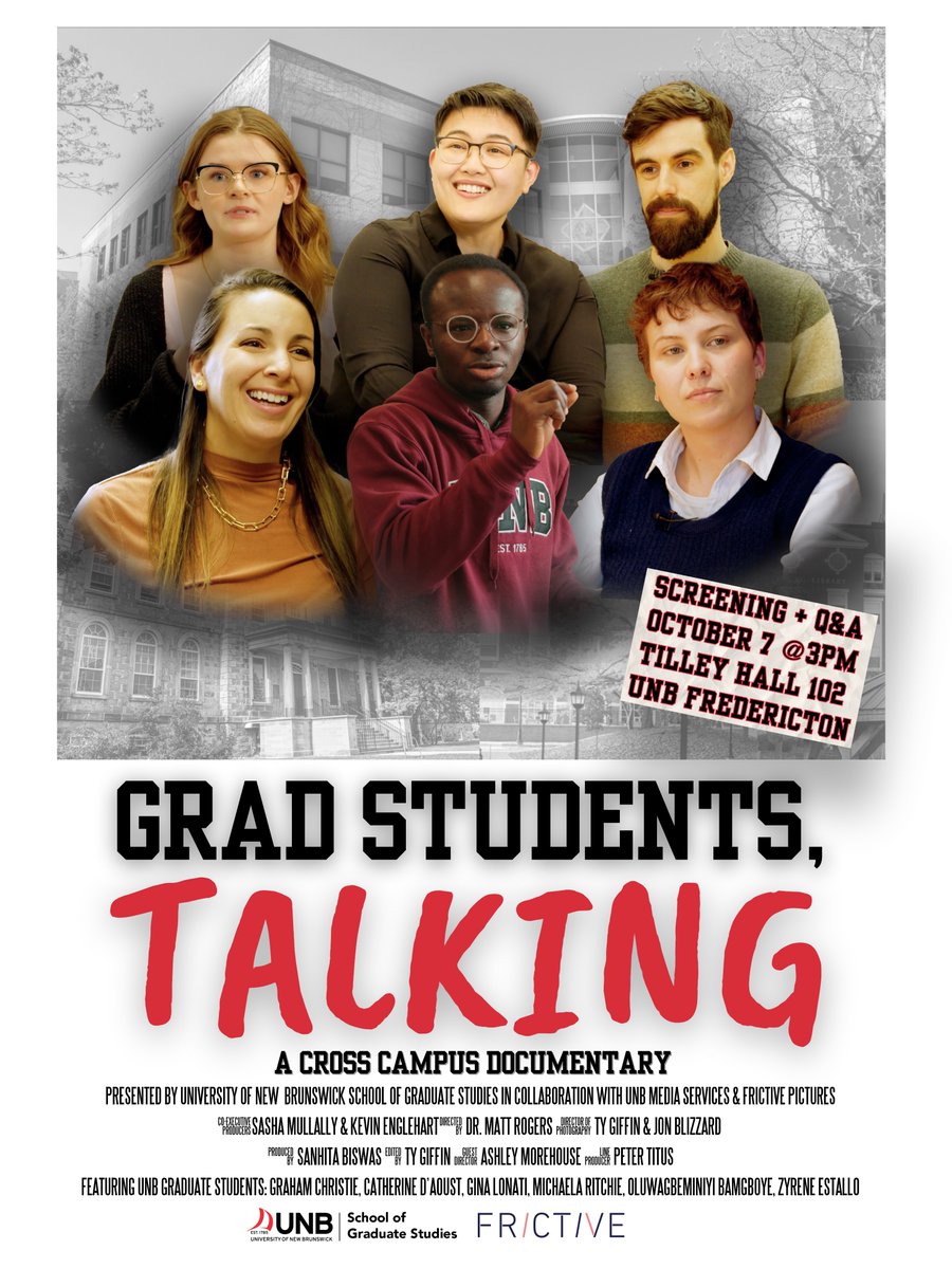 M. Rogers (@rogersm011) on Twitter photo Help us fill the theatre!
Please join us today for the premiere of the documentary, “Grad Students, Talking”
LOCATION: Rm. 102, Tilley Hall, UNBF
TIME: Today, Oct 7th @ 3pm
<a href="/UNB/">UNB</a> <a href="/UNBResearch/">UNB Research</a> <a href="/UNBSGS/">Graduate Studies</a> <a href="/UNBFredericton/">UNB Fredericton</a> <a href="/UNBLibraries/">UNB Libraries</a> <a href="/UNBArchives/">UNB Archives</a> <a href="/UNBConferences/">UNBConferenceService</a> Help us fill the theatre!
Please join us today for the premiere of the documentary, “Grad Students, Talking”
LOCATION: Rm. 102, Tilley Hall, UNBF
TIME: Today, Oct 7th @ 3pm
<a href="/UNB/">UNB</a> <a href="/UNBResearch/">UNB Research</a> <a href="/UNBSGS/">Graduate Studies</a> <a href="/UNBFredericton/">UNB Fredericton</a> <a href="/UNBLibraries/">UNB Libraries</a> <a href="/UNBArchives/">UNB Archives</a> <a href="/UNBConferences/">UNBConferenceService</a>