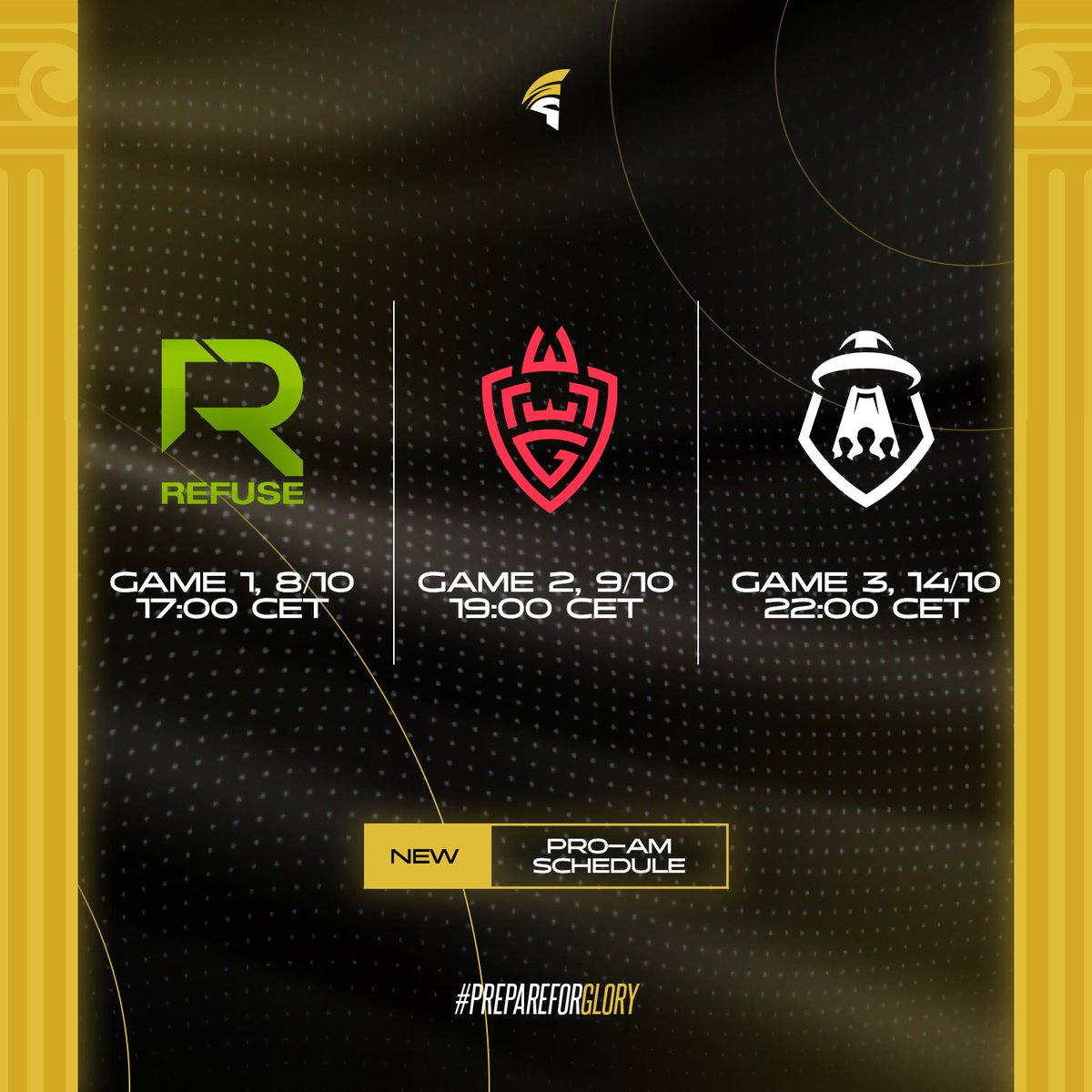 Spartans EU (@spartanseu) on Twitter photo This is our schedule for the <a href="/GRLegends/">Greek Legends League</a> 2024 Pro-AM!
Game 1 VS <a href="/Team_Refuse/">Team Refuse</a>, 8/10, 17:00 CET
Game 2 VS <a href="/WLGgr/">WLGaming Esports</a>, 9/10, 19:00 CET
Game 3 VS <a href="/parainvaders/">Paranormal Invaders ( PAIN )</a>, 14/10, 22:00 CET
You can watch the games live here: twitch.tv/gamersloungegr
GLHF, see you all there!
#PrepareForGlory This is our schedule for the <a href="/GRLegends/">Greek Legends League</a> 2024 Pro-AM!
Game 1 VS <a href="/Team_Refuse/">Team Refuse</a>, 8/10, 17:00 CET
Game 2 VS <a href="/WLGgr/">WLGaming Esports</a>, 9/10, 19:00 CET
Game 3 VS <a href="/parainvaders/">Paranormal Invaders ( PAIN )</a>, 14/10, 22:00 CET
You can watch the games live here: twitch.tv/gamersloungegr
GLHF, see you all there!
#PrepareForGlory