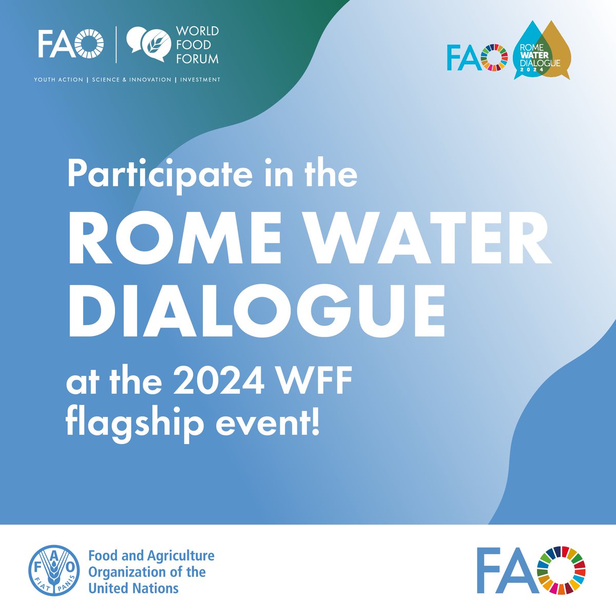 FAOLandWater's tweet photo. 📢ONE WEEK TO GO❗️

Get ready for the Rome Water Dialogue which will be part of the #WorldFoodForum2024!  

🗓️14-18 October, FAO Headquarters &amp; online

📌More info &amp; registration link: https://t.co/dCLxxXz0Bj https://t.co/ZwnalfB3ZX