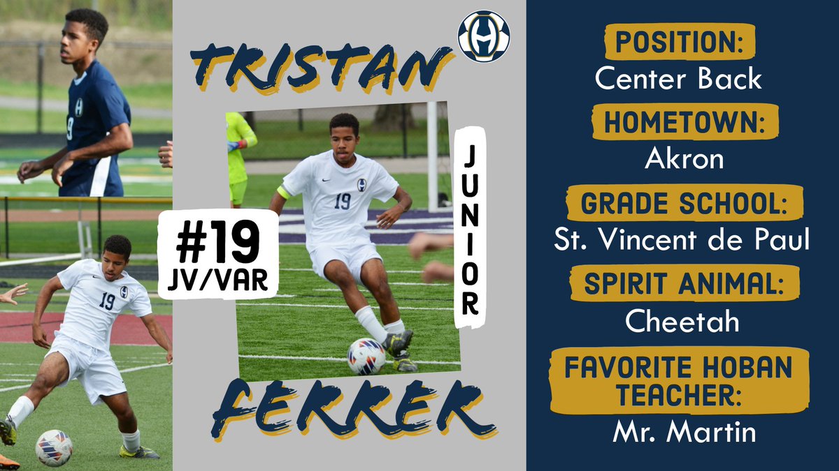 Tomorrow is #GameDay against Walsh, so today we will spotlight 3 players! First is Tristan Ferrer, #19! His favorite Hoban Soccer memory is Gannon Camp his freshman year. Tristan's go-to hype song is Can't Hold Us by Macklemore. #PlayerSpotlight #MeetTheTeam #HobanFamily