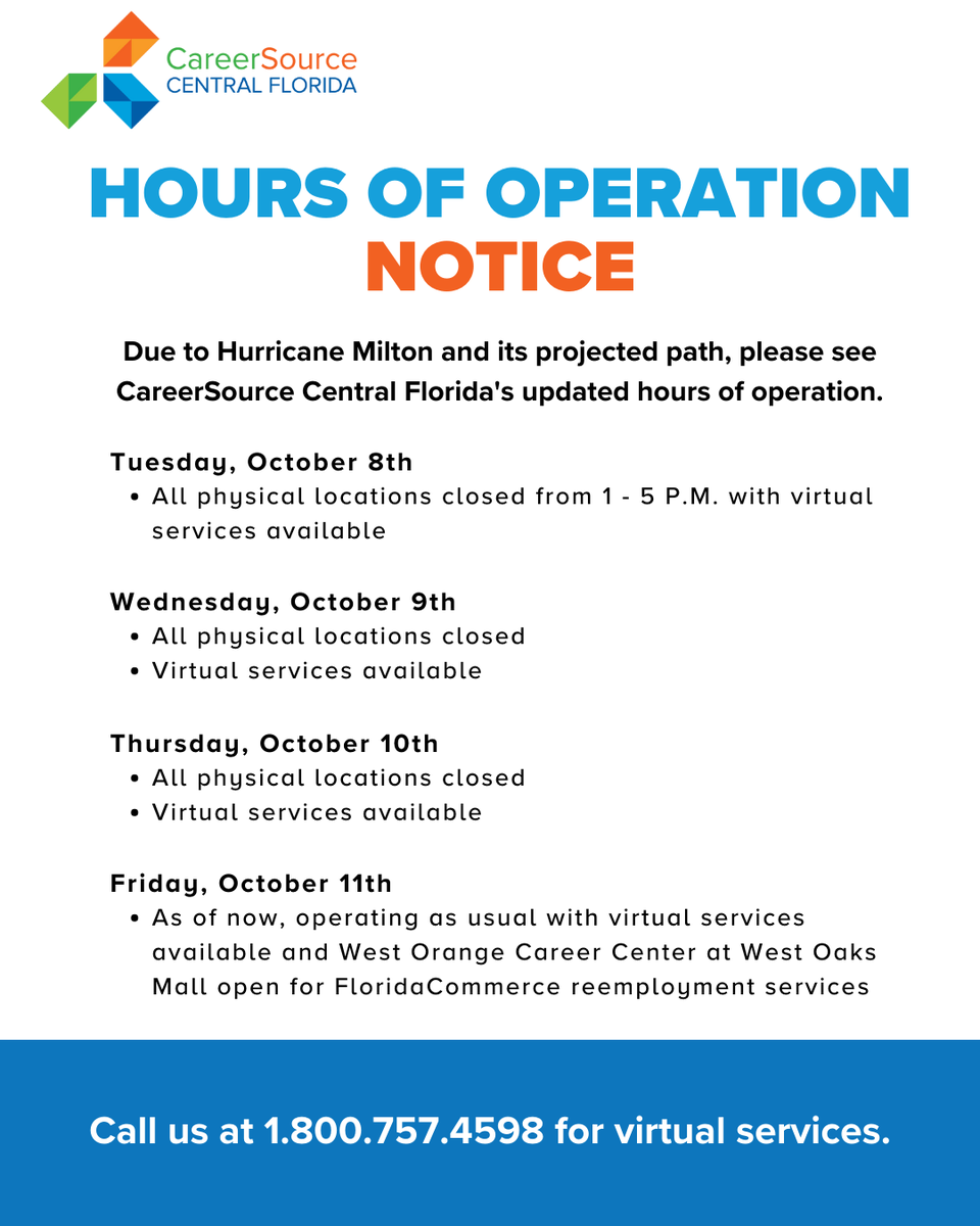 We've updated our hours of operation due to Hurricane Milton and we'll continue to provide updates if anything changes.

We hope everyone is getting prepared for the storm and taking all necessary precautions to stay safe!