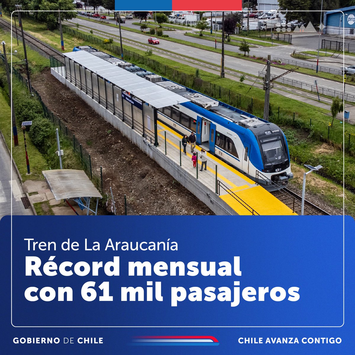 MTTChile's tweet photo. Con la puesta en marcha del servicio Temuco-Pitrufquén, que se sumó al Victoria-Temuco, miles de personas más están prefiriendo el Tren de La Araucanía👏🏻  

Si antes se registraban 35 mil pasajeros mensuales, hoy estamos en torno a los 61 mil pasajeros en un mes en la región🚆 https://t.co/9Uo1wuloMA