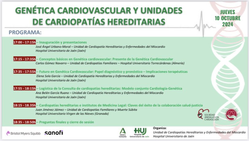 El próximo jueves 10 a las 17h os esperamos en una nueva jornada online sobre GENÉTICA CARDIOVASCULAR Y UNIDADES DE CARDIOPATÍAS HEREDITARIAS organizada por la Unidad de CCHH del <a href="/HospitalJaen/">Hospital Universitario de Jaén</a> y <a href="/SACardiologia/">SACardiología</a> 

Registro el día de la retransmisión en: sacardiologia.com/index.php?secc…