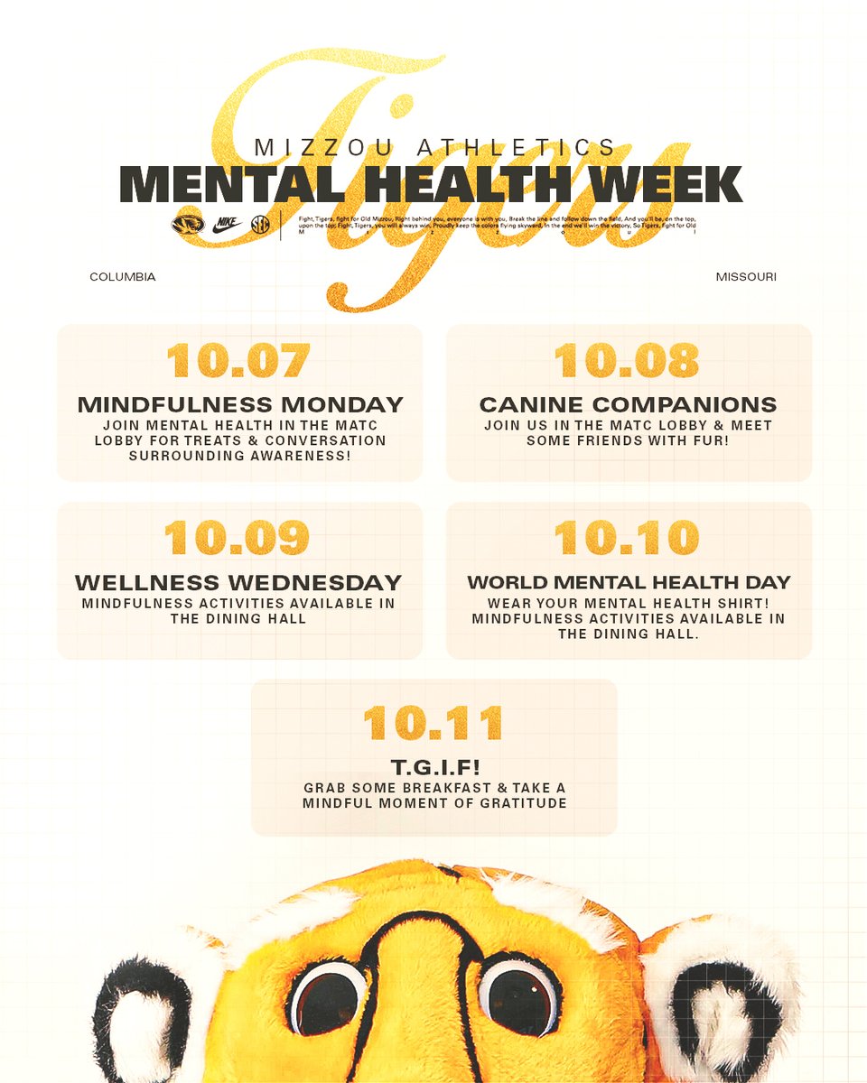 MizzouAthletics's tweet image. This week is National Mental Health Week!

Mizzou Athletics will be holding multiple events for student-athletes to bring awareness to the topic and practice skills to help bring relief in moments of need. 

#WinTheGame // #MIZ 🐯