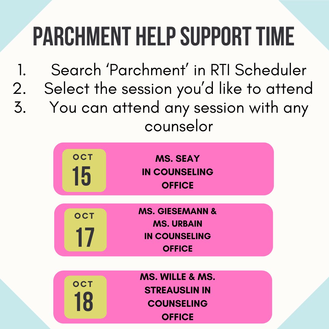 HHS_Counselor's tweet photo. Need help navigating Parchment? Select a support time with us next week! https://t.co/6FpgDh39n1