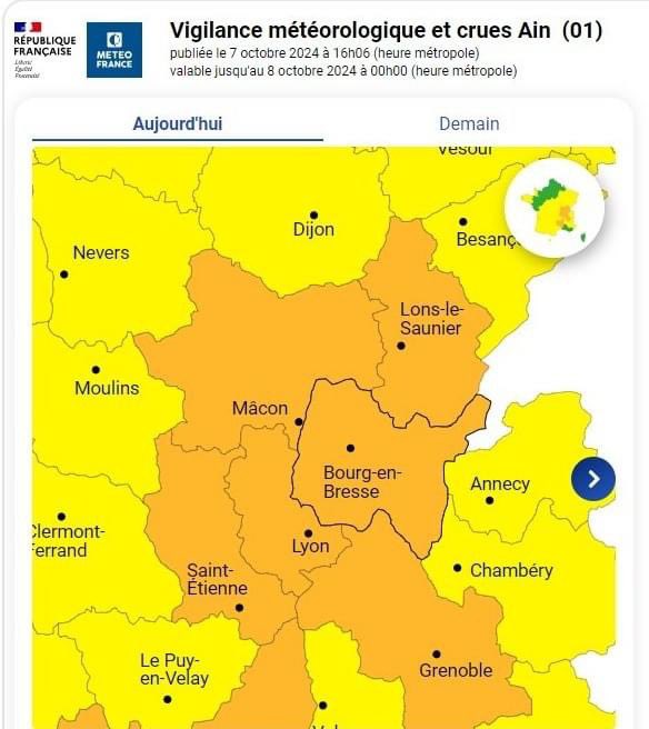 A_Mogneneins's tweet photo. Le département de l'Ain est placé en vigilance orange pluie et inondation.
Soyez prudents ! https://t.co/XYHt9zzlcr
