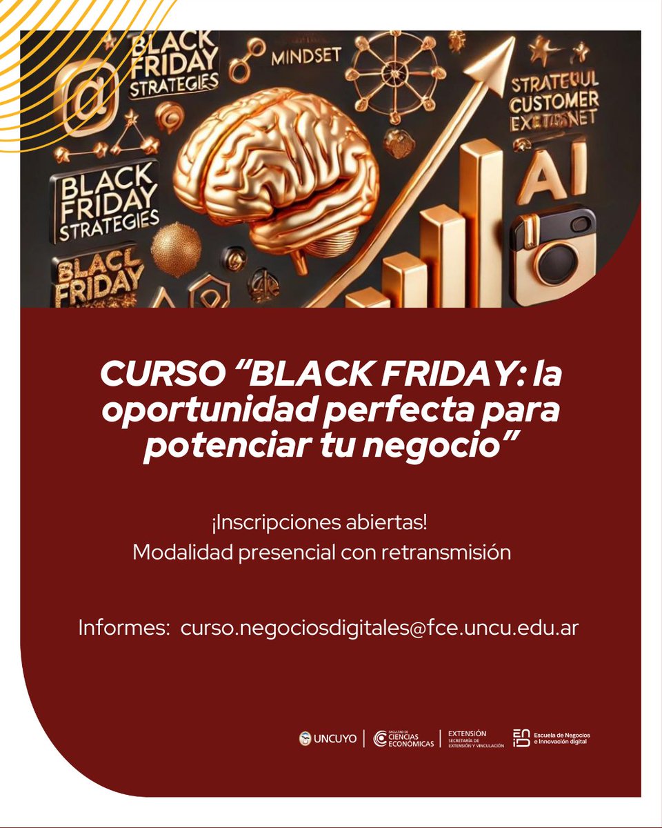 Entrenate con estrategias para optimizar tus ventas e impulsar tu marca en los eventos masivos de comercio electrónico🔝

👉Inscribirte al Curso BLACK FRIDAY: La oportunidad perfecta para potenciar tu negocio

+  Mas información: fce.uncuyo.edu.ar/cursos/item/cu…
