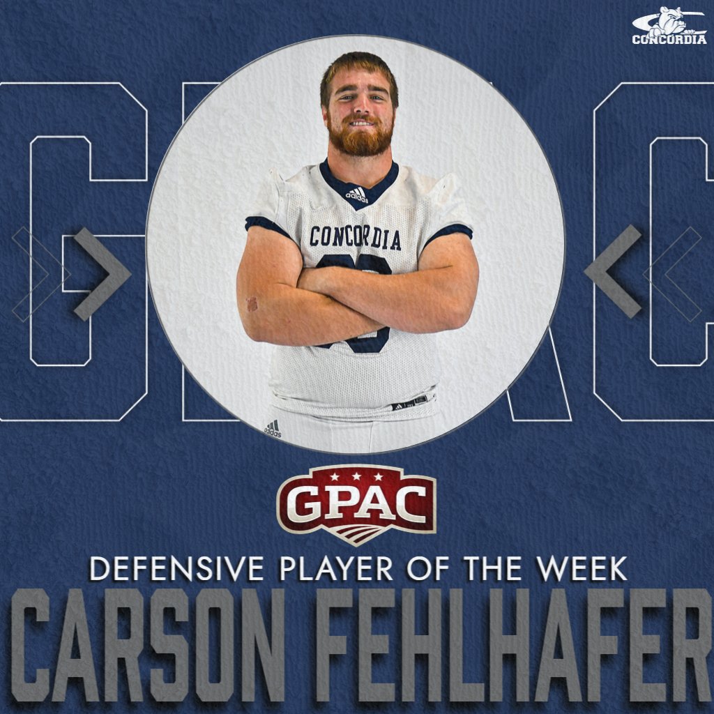 🏈 <a href="/FehlhaferCarson/">Carson Fehlhafer</a> 

🏅 GPAC Defensive Player of the Week

📊 In win at No. 2 Northwestern: 8 tackles, 3 sacks, 1 pbu.

🔗 cune.edu/athletics/team…