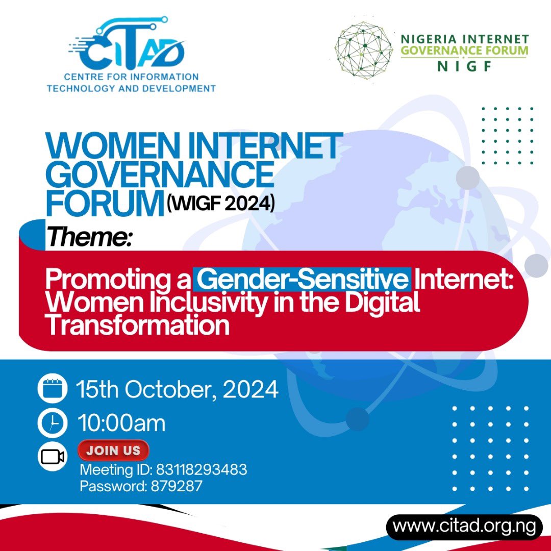 CITAD (@ictadvocates) on Twitter photo Register to attend the Women Internet Governance Forum on the Oct 15, 2024 10:00 to 11:00 am and 12:00 to 1:00 am
us02web.zoom.us/meeting/regist…
After registering, you will receive a confirmation email containing information about joining the meeting.
<a href="/YZYau/">Yunusa Ya'u</a> <a href="/APC_News/">APC</a> <a href="/HariraWakili/">Harira Wakili</a> Register to attend the Women Internet Governance Forum on the Oct 15, 2024 10:00 to 11:00 am and 12:00 to 1:00 am
us02web.zoom.us/meeting/regist…
After registering, you will receive a confirmation email containing information about joining the meeting.
<a href="/YZYau/">Yunusa Ya'u</a> <a href="/APC_News/">APC</a> <a href="/HariraWakili/">Harira Wakili</a>