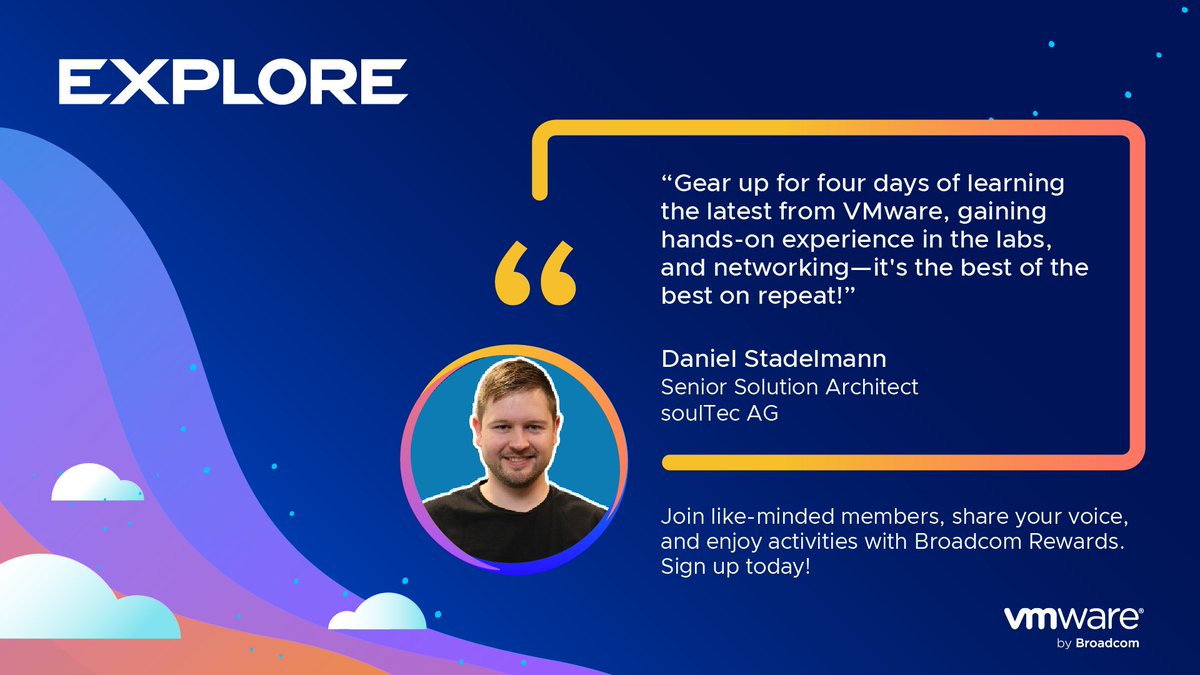 Get ready for an unforgettable 4 days at #VMwareExplore 2024 Barcelona! Join Daniel Stadelmann, our Rewards Program Champion, and explore the latest innovations.

Register: bit.ly/49cUII1 
Create your Rewards account: brcm.tech/3ZEOwY3