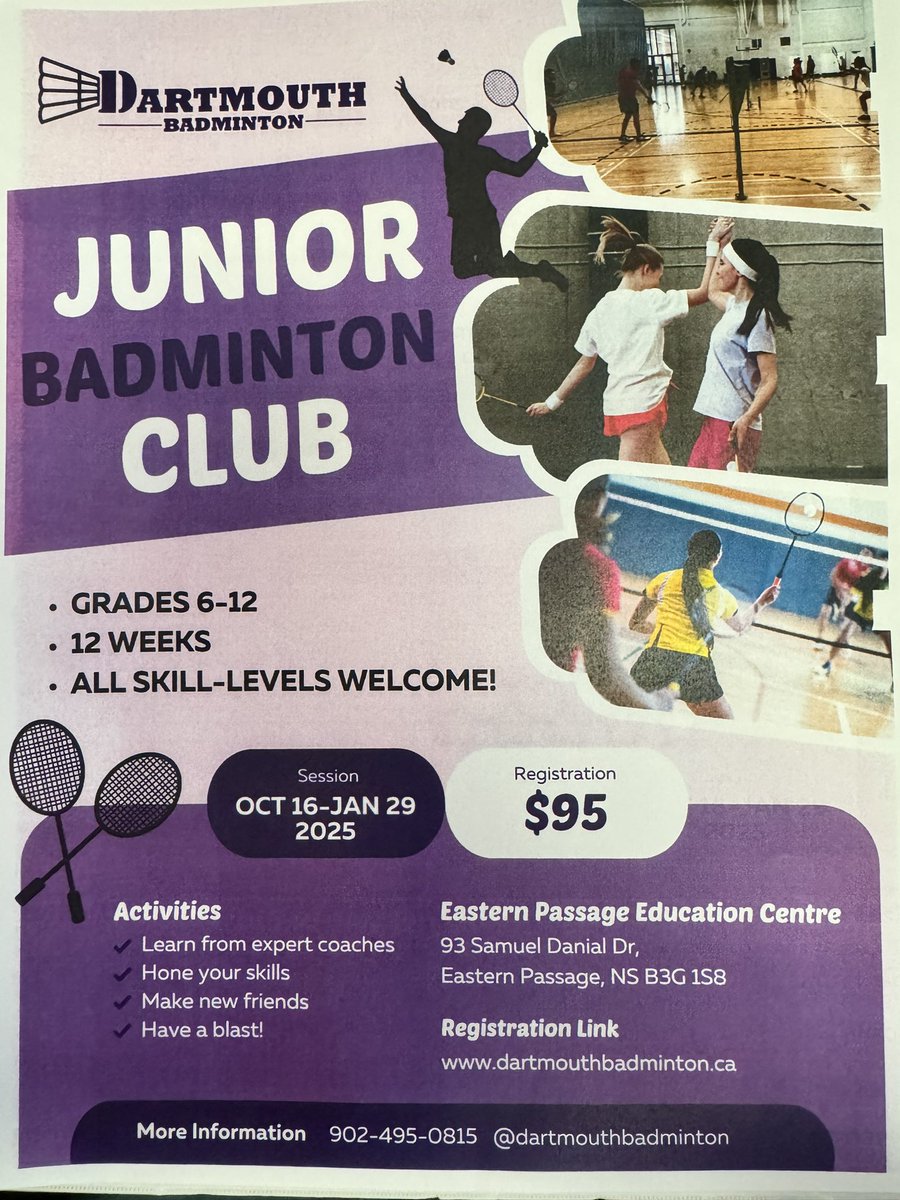 Hey @EPECPhoenix want to advance your badminton skills?! Check out this out!! dartmouthbadminton.ca 
🏸 @dartmouthbadminton