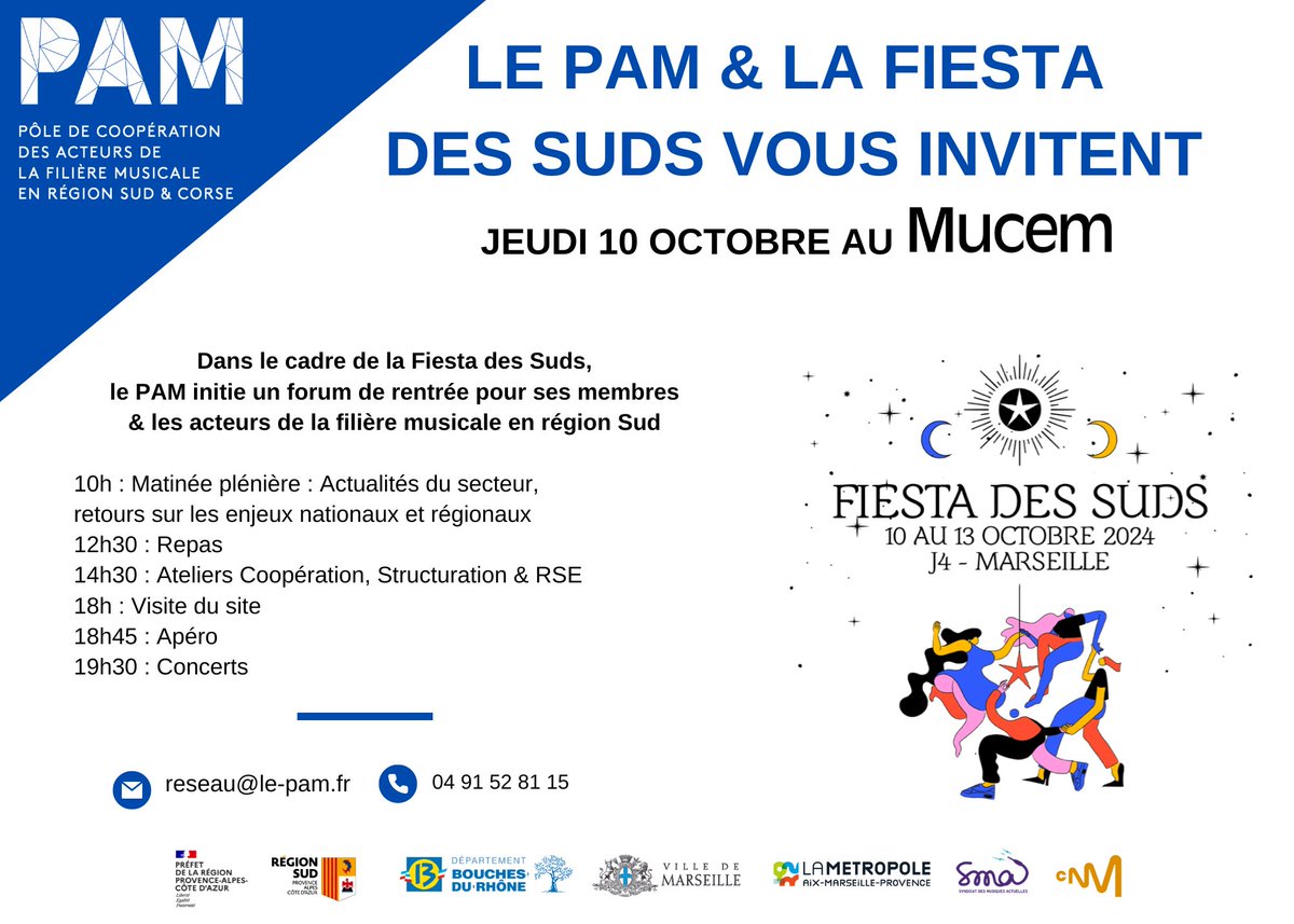 PAM (@pampolepaca) on Twitter photo Participez à notre forum de rentrée au <a href="/Mucem/">Mucem</a> ce jeudi dans le cadre de la <a href="/fiestadessuds/">Fiesta des Suds 2023</a> avec <a href="/le_CNM/">Centre national de la musique</a> <a href="/departement13/">Département des Bouches-du-Rhône</a> <a href="/MaRegionSud/">Région Sud</a> <a href="/marseille/">Ville de Marseille</a> <a href="/SMA_syndicat/">SMA - Syndicat des Musiques Actuelles</a>
Infos & inscription 👉 le-pam.fr/Forum-du-PAM-a… Participez à notre forum de rentrée au <a href="/Mucem/">Mucem</a> ce jeudi dans le cadre de la <a href="/fiestadessuds/">Fiesta des Suds 2023</a> avec <a href="/le_CNM/">Centre national de la musique</a> <a href="/departement13/">Département des Bouches-du-Rhône</a> <a href="/MaRegionSud/">Région Sud</a> <a href="/marseille/">Ville de Marseille</a> <a href="/SMA_syndicat/">SMA - Syndicat des Musiques Actuelles</a>
Infos & inscription 👉 le-pam.fr/Forum-du-PAM-a…
