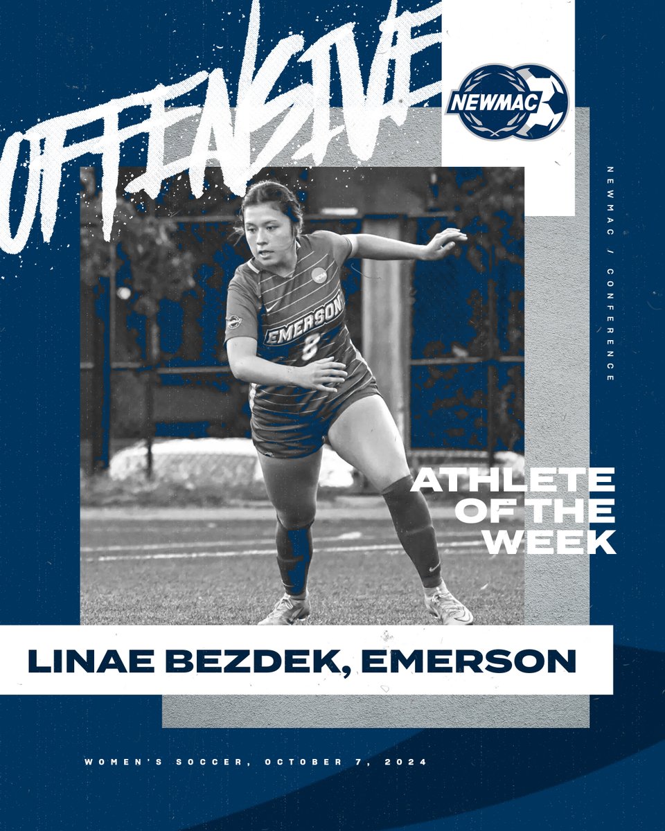 WOMEN'S SOCCER ⚽
OFFENSIVE ATHLETE OF THE WEEK 

<a href="/EmersonLions/">Emerson Athletics</a> Linae Bezdek played a part in every Lion’s goal, bagging 2 goals and adding an assist, as Emerson topped Coast Guard 3-0.

ow.ly/iMzs50TFPo4

#GoNEWMAC // #WhyD3