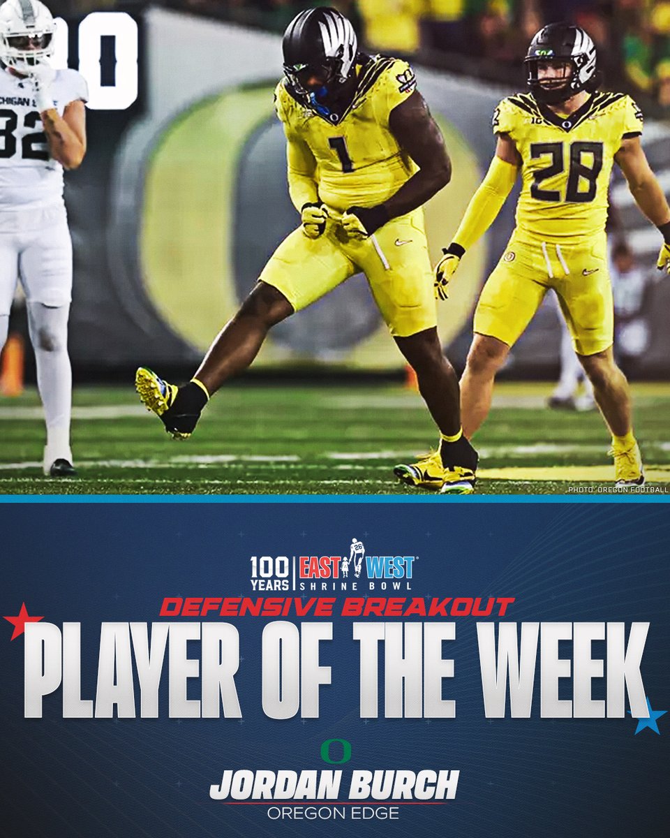 East-West Shrine Bowl (@shrinebowl) on Twitter photo Defensive Breakout Player of the Week
💫 Jordan Burch (<a href="/JordanB1505/">Jordan Burch</a>), <a href="/oregonfootball/">Oregon Football</a>
4 tackles, 2.5 sacks, 2.5 TFLs, 1 fumble recovery
#ShrineBowlWHOSNEXT Defensive Breakout Player of the Week
💫 Jordan Burch (<a href="/JordanB1505/">Jordan Burch</a>), <a href="/oregonfootball/">Oregon Football</a>
4 tackles, 2.5 sacks, 2.5 TFLs, 1 fumble recovery
#ShrineBowlWHOSNEXT