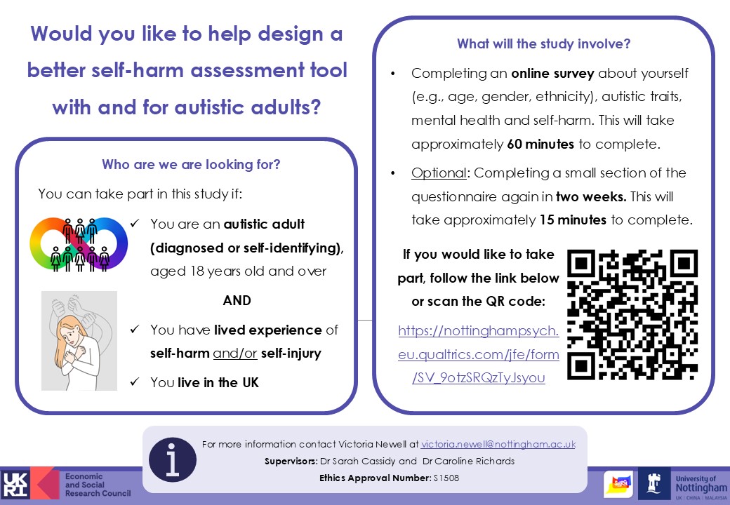 Would you like to help design a better self-harm assessment tool with and for autistic adults?

Victoria Newell, is conducting a study to adapt a self-harm assessment tool for autistic adults. See the link in comments for more info and to take part.