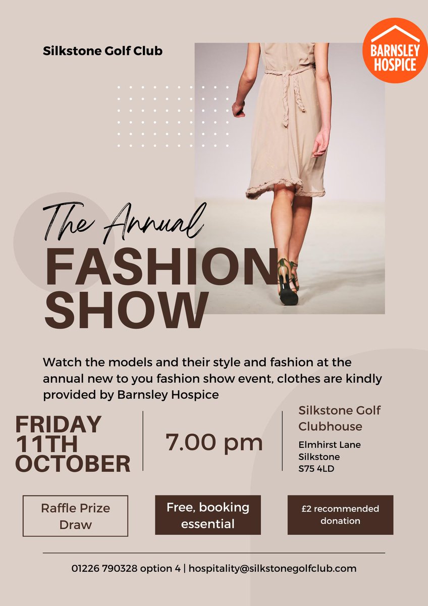 We are holding our annual charity fashion show on Friday 11 Oct.
This year the money raised will be going to the Barnsley Hospice.
We hope that you can support us and the Hospice by attending and making the evening a success.
For tickets please contact the bar on 01226 790328.
