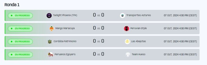 YA TENEMOS LOS ENFRENTAMIENTOS DE LA PRIMERA JORNADA DE #LigaSalvaje ⚡️

<a href="/TPXeSportsWR/">Twilight Phoenix</a>🆚 <a href="/TranportesAstur/">Transportes Astures</a> 
<a href="/Mango_Esports_/">Mango Esports</a> 🆚 <a href="/PeruvianStyle3/">PeruvianStyle</a> 
<a href="/Cordoba_Gaming/">Córdoba Patrimonio Esports</a> 🆚 #LosAbejotas
<a href="/PeruanosEgoyers/">PeruanosEgoyers</a> 🆚#TeamHueso

Predicciones? 👀