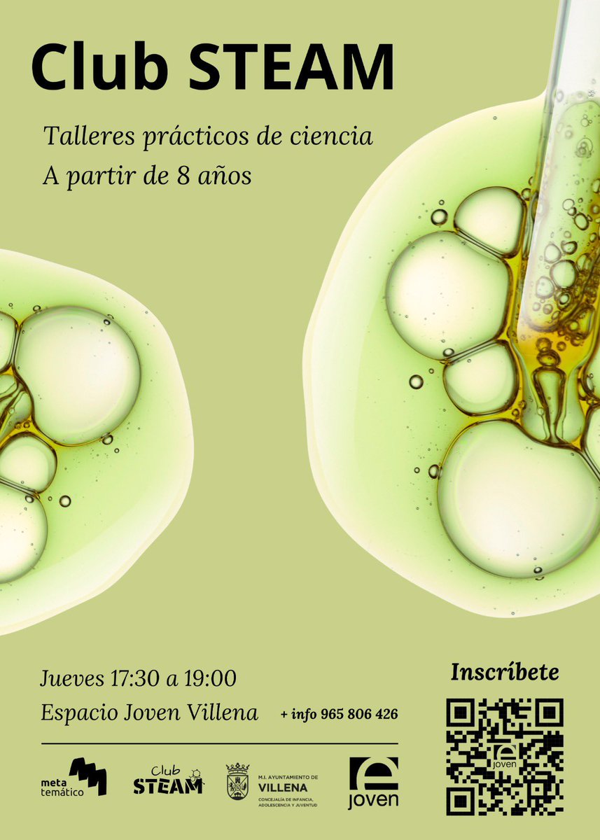 🤩Vuelve nuestra actividad de ciencia #ClubSTEAM
🧪Este otoño seguiremos experimentando y divirtiéndonos 
👩🏻‍🔬👨🏼‍🔬Ampliamos la edad a partir de 8 años
🗓️Jueves de 17:30 a 19:00
📝Preinscríbete aquí: forms.gle/SxQVUfNtQixiBR…
