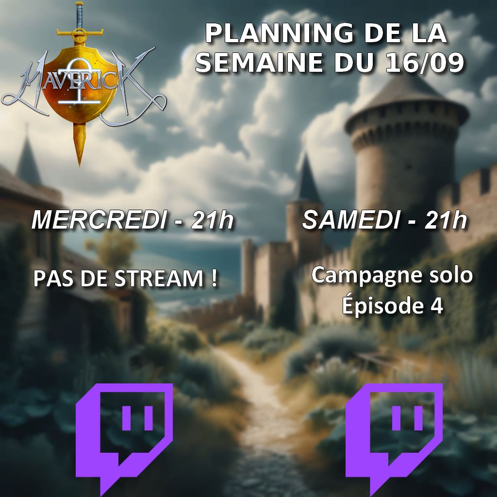 📷 Voici le planning de cette semaine pour twitch. 
Mercredi, je serai absent donc pas de stream. 

Samedi soir, on continue la campagne commencer la semaine dernière avec notre joueur solo. 

J'espère vous voir nombreuses et nombreux !
