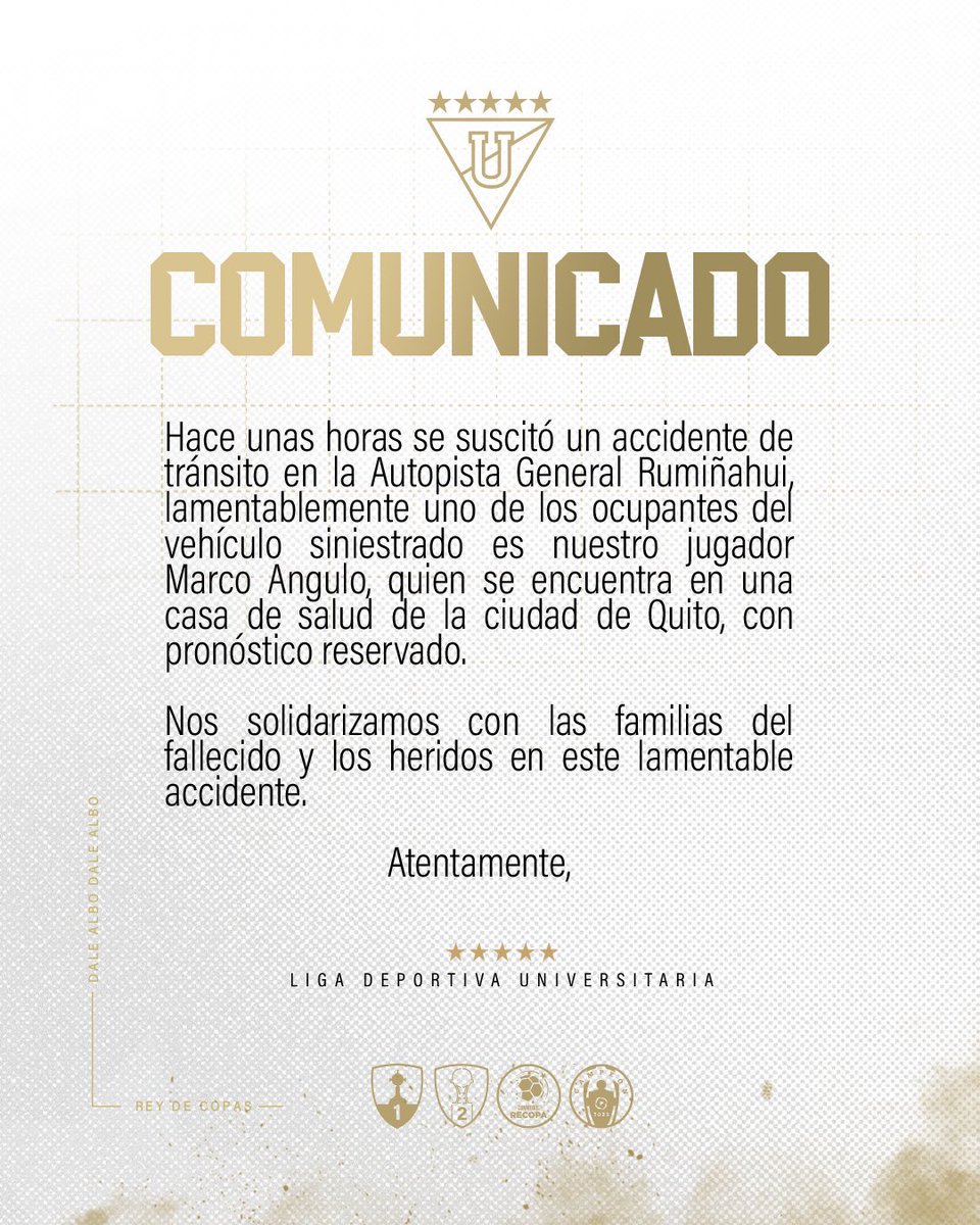 Comunicado oficial de Liga respecto del accidente de tránsito de esta madrugada en Quito. 

Confirman que el jugador Marco Angulo está hospitalizado con pronóstico reservado.
