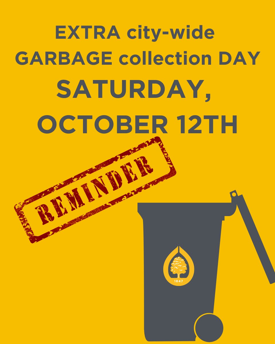 FarmingtonCity's tweet photo. EXTRA GARBAGE COLLECTION DAY is THIS SATURDAY!!

Materials should be placed in the regular, roll-out black container and rolled to the curb line by 6 am on the 12tgh.

Non-processable waste such as rocks, direct, appliances, hazardous wastes, etc. are prohibited. https://t.co/K1aWOoE7o3