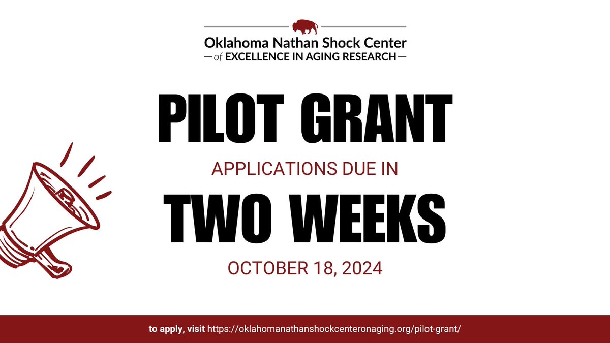 Oklahoma Nathan Shock Center Pilot Award applications are due in two weeks! Submit your application on our website, buff.ly/4g88UXk