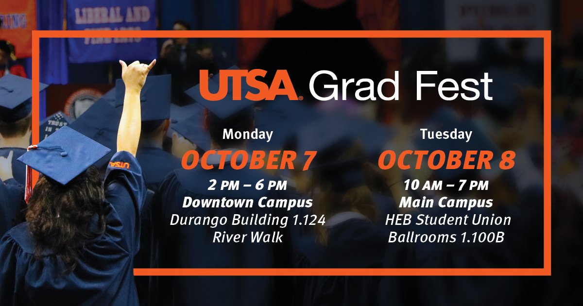 UTSAOneStop's tweet image. 📢 Fall graduates 📢 #UTSAGradFest is TODAY and TOMORROW! Join us and get all your questions about graduation and commencement answered! #UTSAGrad24 utsa.me/3Za5KKN