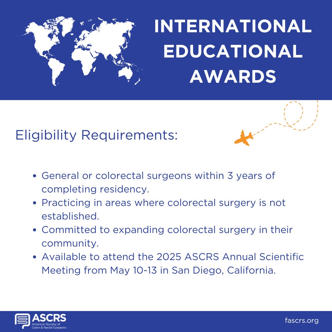 🌍✈️ Apply for the ASCRS International Committee Travel Award! Colorectal surgeons outside the US &amp; Canada can receive support to attend the 2025 Annual Scientific Meeting in San Diego. 🗓️ Deadline: Nov 8, 2024.

🔗 Learn more and apply: fascrs.org/my-ascrs/caree…