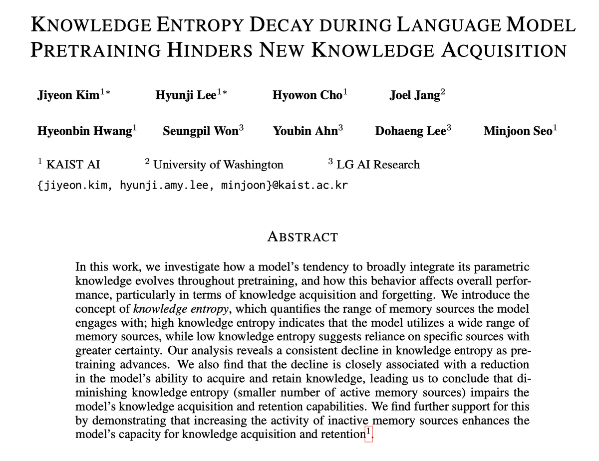 ❓Do LLMs maintain the capability of knowledge acquisition throughout pretraining? If not, what is driving force behind it?

❗Our findings reveal that decreasing knowledge entropy hinders knowledge acquisition and retention as pretraining progresses.

📄arxiv.org/abs/2410.01380