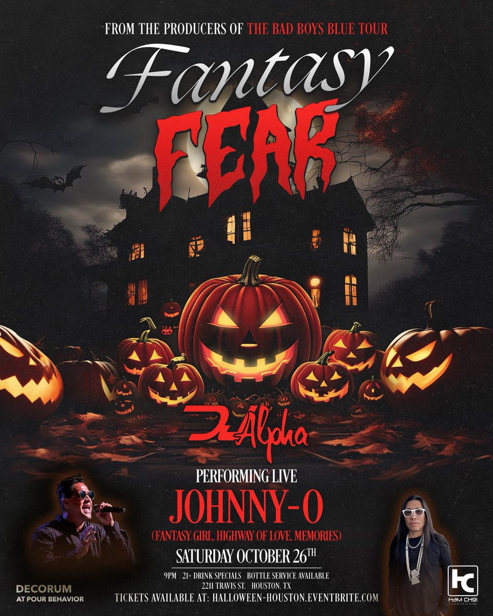 Join the biggest and baddest Halloween Party in town! Fantasy Fear with @djalphamusic and a special guest performance by JOHNNY O! We’ll be touring 2 cities! Friday, 10/25 at @circleoc in Huntington Beach, CA and Saturday 10/26 at @decorumhouston in Houston, Texas!