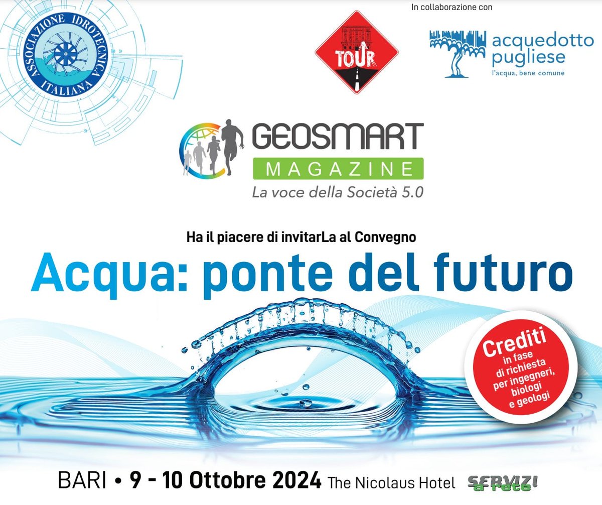 Servizi a Rete Tour 2024: acqua ponte del futuro
#utility ##reti 
Per professionisti settore idrico energetico #infrastrutture urbane.
Partecipazione gratuita previa iscrizione.
#GeosmartMagazine media partner dell’evento.
9 e 10 ottobre Bari
geosmartmagazine.it/2024/09/19/ser…