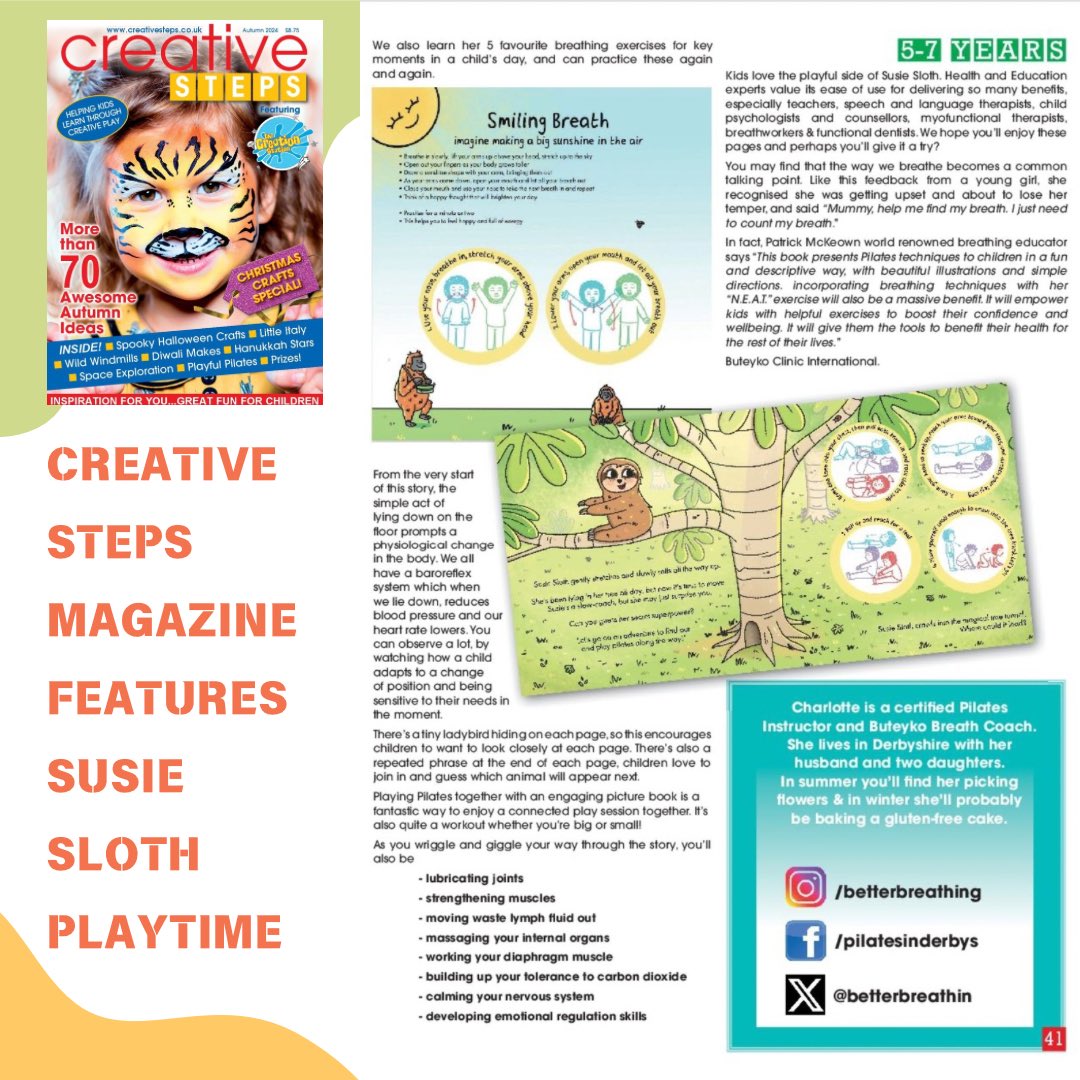 SuperpowerSloth's tweet image. A fantastic double page spread featuring Susie Sloth showing parents and teachers how beneficial playful Pilates and better breathing can be. This little book makes it super accessible, try it and you’ll enjoy wriggles and giggles! #eyfs #playfulparenting #homeschool #pilates