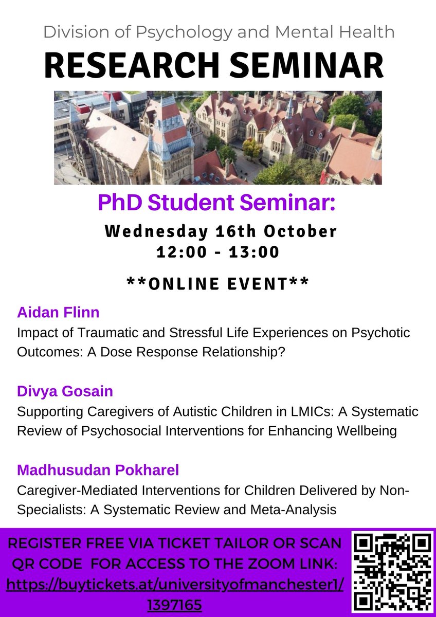 Next week we welcome 3 of our <a href="/UoM_PMH_PGRs/">UoM Psychology & MH PGRs</a> Aidan Flinn, Divya Gosain &amp; Madhusudan Pokharel will be presenting their research findings.  
📆 16th October 
🕛 12.00-13:00 GMT 
The event is free &amp; takes place online. All welcome to attend tickettailor.com/events/univers… <a href="/FBMH_UoM/">UoM Biology, Medicine and Health</a>