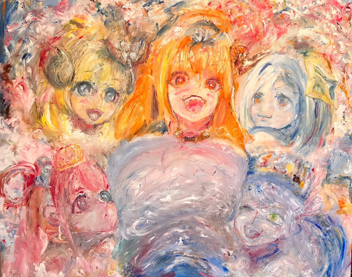 天音かなた ,姫森ルーナ ,桐生ココ ,角巻わため 「あんら!!おめでとうございます!!」|クユウチ🐉🍷🖕🖋vの油絵画家のイラスト