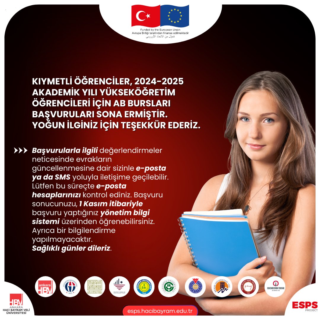 Kıymetli öğrenciler, 2024-2025 akademik yılı Yükseköğretim Öğrencileri için AB Bursları başvuruları sona ermiştir. Yoğun ilginiz için teşekkür ederiz.

<a href="/EUDelegationTur/">AB Türkiye Delegasyonu🇪🇺EU Delegation to Türkiye</a> <a href="/hacibayramedutr/">Ankara Hacı Bayram Veli Üniversitesi</a>