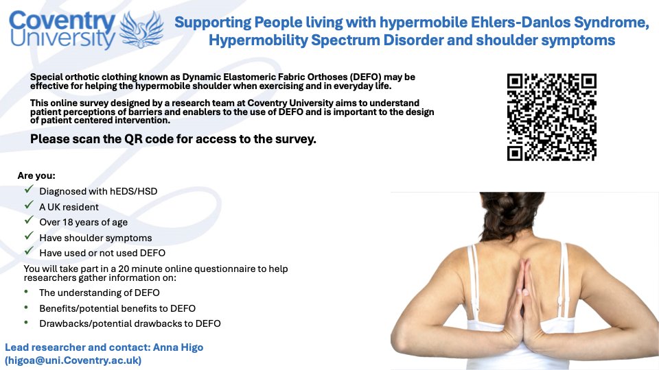 Anna Higo (@higo_anna) on Twitter photo Are you hEDS/HSD experiencing shoulder symptoms and living in the UK? Please take our 20minute survey exploring experiences and perceptions to the use of specialist orthotic clothing known as Dynamic Elastomeric Fabric Orthoses (DEFO). Please share and RT
app.onlinesurveys.jisc.ac.uk/s/coventry/the… Are you hEDS/HSD experiencing shoulder symptoms and living in the UK? Please take our 20minute survey exploring experiences and perceptions to the use of specialist orthotic clothing known as Dynamic Elastomeric Fabric Orthoses (DEFO). Please share and RT
app.onlinesurveys.jisc.ac.uk/s/coventry/the…