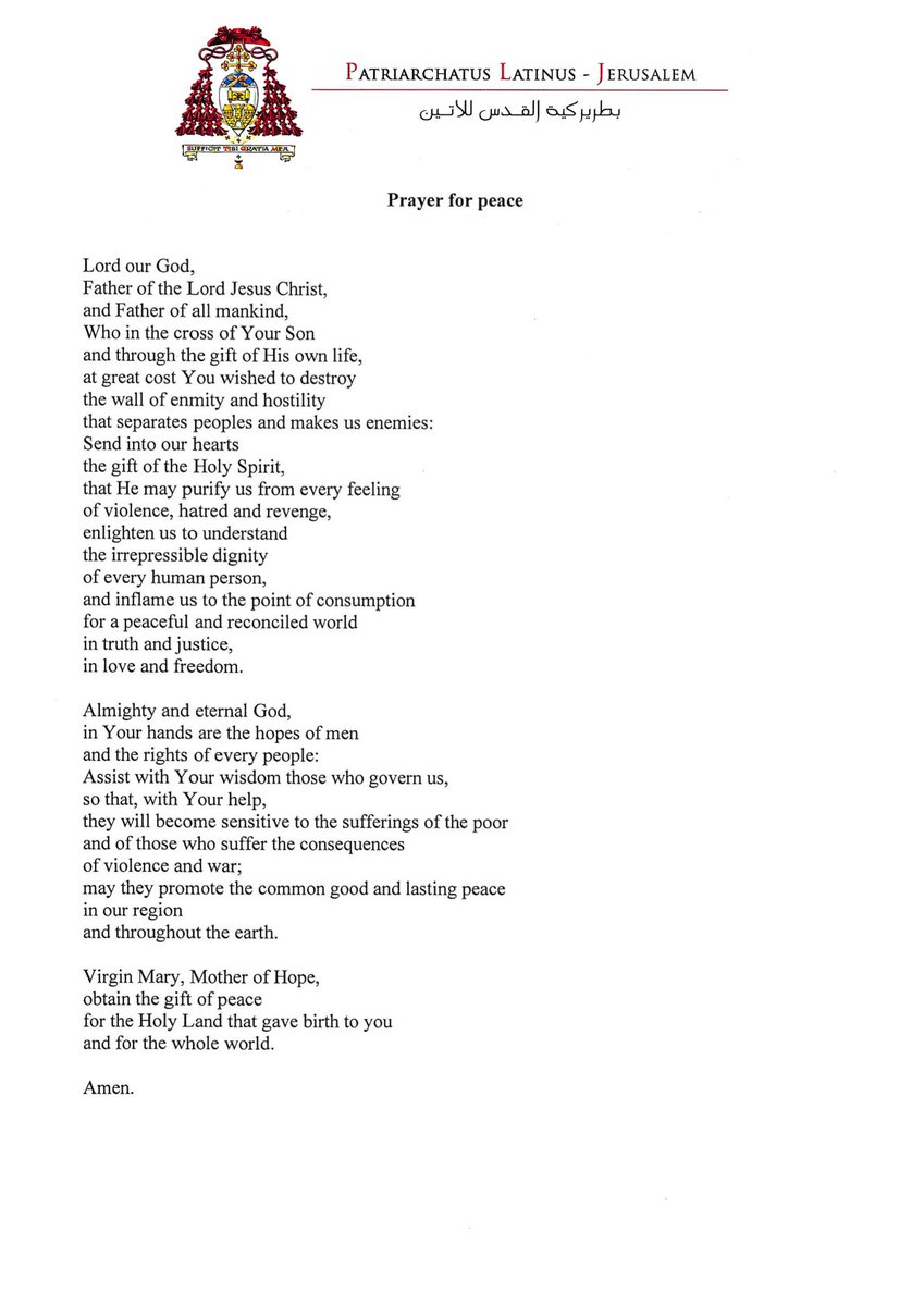 Cardinal Pizzaballa, the Latin Patriarch of Jerusalem, has composed this prayer for peace to be said today (a day of prayer and fasting for peace) and throughout October.