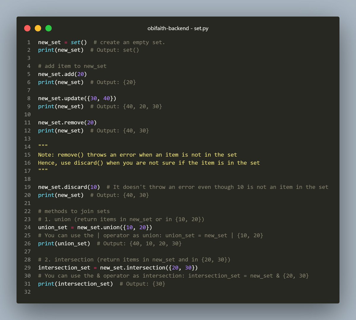 Faith_Dev_'s tweet image. 𝐖𝐡𝐚𝐭'𝐬 𝐏𝐲𝐭𝐡𝐨𝐧 𝐒𝐞𝐭?
A set in Python is unordered, unchangeable and does not allow duplicate items.
𝐑𝐞𝐦𝐞𝐦𝐛𝐞𝐫 𝐬𝐞𝐭𝐬 𝐢𝐧 𝐦𝐚𝐭𝐡𝐞𝐦𝐚𝐭𝐢𝐜𝐬?
Python sets are quite similar, with functions like intersection, union, difference, etc.
#Python #PythonSets
