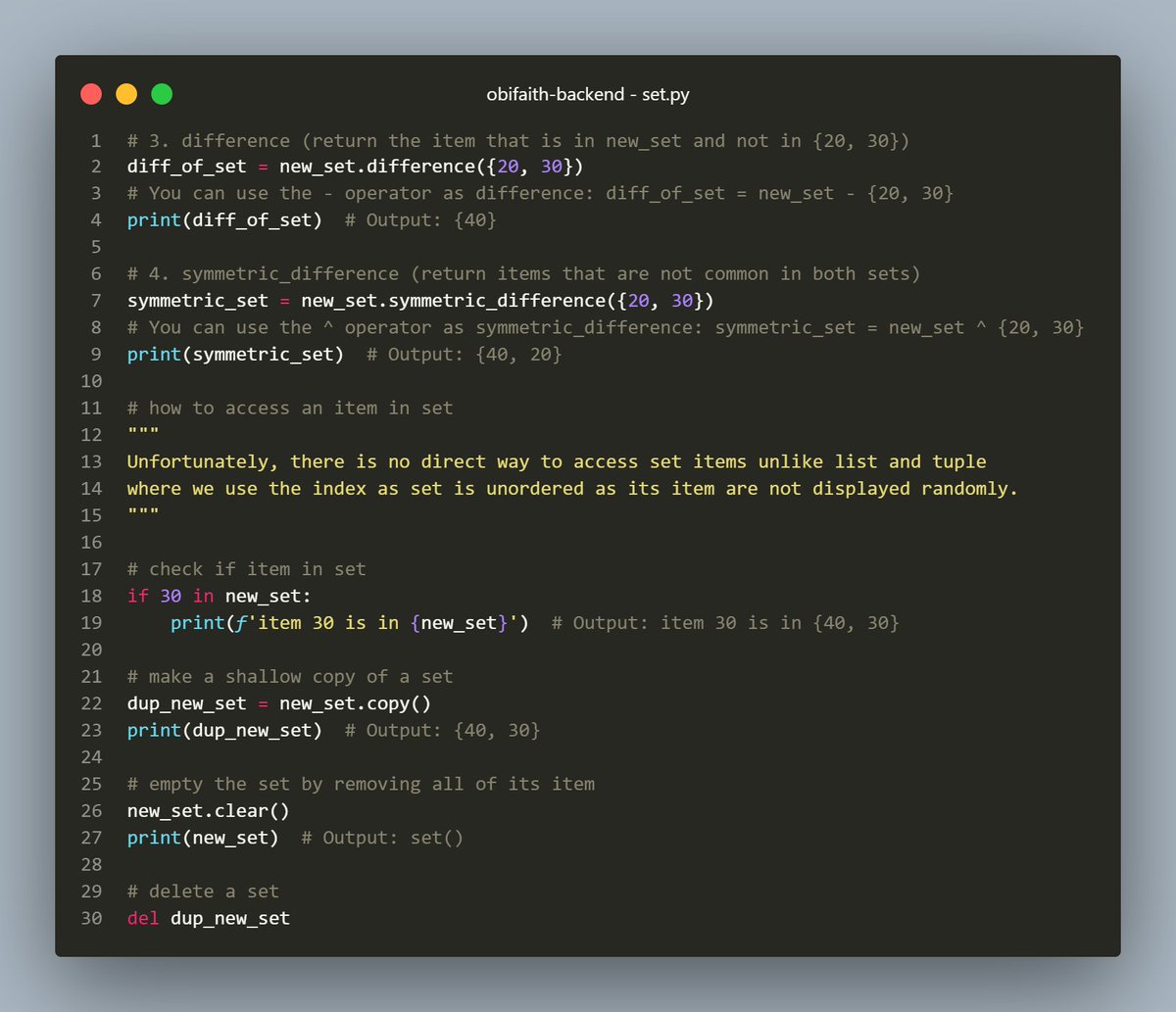 Faith_Dev_'s tweet image. 𝐖𝐡𝐚𝐭'𝐬 𝐏𝐲𝐭𝐡𝐨𝐧 𝐒𝐞𝐭?
A set in Python is unordered, unchangeable and does not allow duplicate items.
𝐑𝐞𝐦𝐞𝐦𝐛𝐞𝐫 𝐬𝐞𝐭𝐬 𝐢𝐧 𝐦𝐚𝐭𝐡𝐞𝐦𝐚𝐭𝐢𝐜𝐬?
Python sets are quite similar, with functions like intersection, union, difference, etc.
#Python #PythonSets