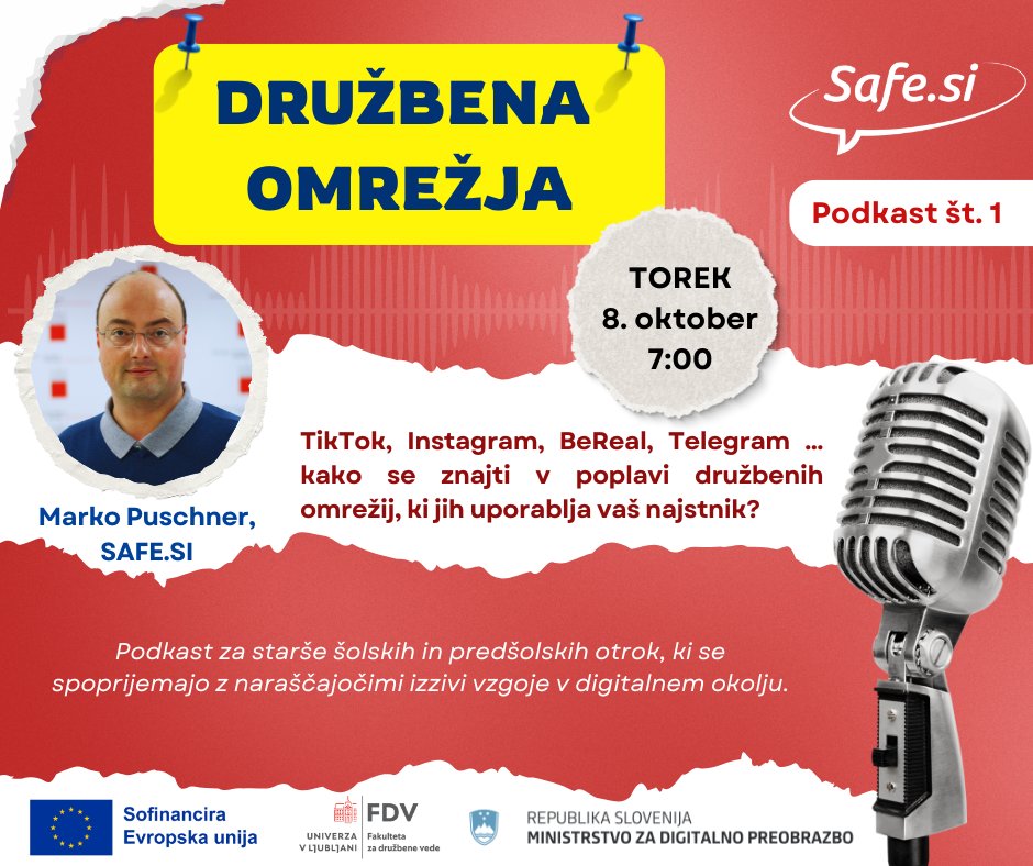 Prvi podkast na temo družbenih omrežij je skoraj tu! Na voljo bo jutri, 8.10., ob 7:00. Marko Puschner bo staršem šolskih in predšolskih otrok pomagal razumeti svet družbenih omrežij: safe.si/starsi/safesi-…  #safesi #družbenaomrežja #vzgojavdigitalnemsvetu #podkast