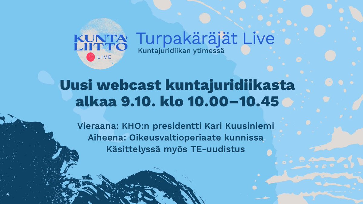 Tällä viikolla se alkaa: kuntajuridiikkaa webcastiksi paketoituna! ⏰

Oikeusvaltioperiaate kunnissa sekä TE-uudistuksen juridiset huomiot ovat aiheenamme ke 9.10. klo 10.00.

👉 Ilmoittaudu mukaan: kuntaliitto.fi/tapahtumat/202…