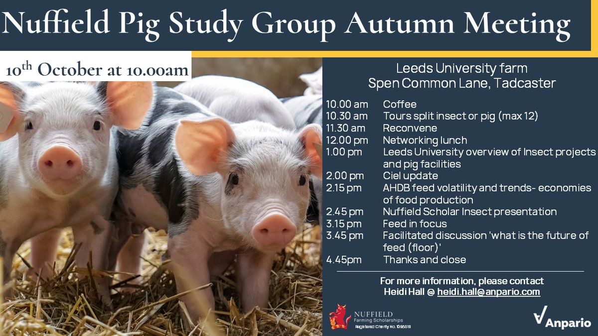 🐖Join our #NuffieldFarming pig group for their autumn meeting!

The action-packed day features a farm tour, discussion panel, butchery tour and evening meal with speaker.  

📷For more information and to book your place contact heidi.hall@anpario.com